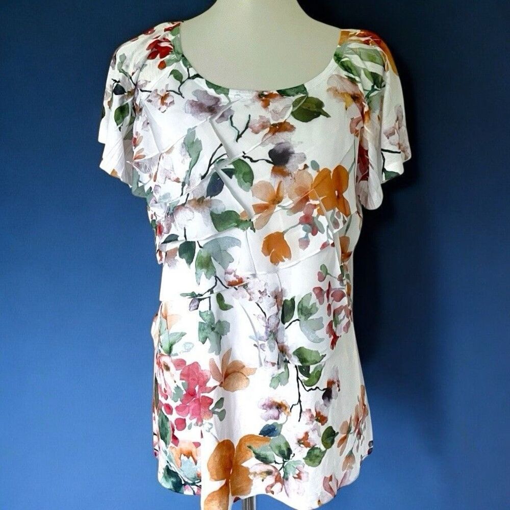Indigo Soul Ruffle Flutter Sleeve White Floral Top Blouse Shirt Sz M Medium NEW